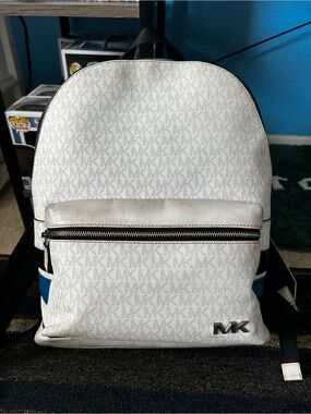 Michael Kors White MK Logo Backpack with Blue Accents